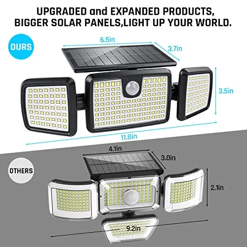 Solar Lights Outdoor, 3 Head Solar Motion Lights Outdoor with 2500LM 218 LEDs High Brightness, Built-in Bigger Tempered Glass Solar Panel, Sensitive PIR Motion Inductor(2-Pack)