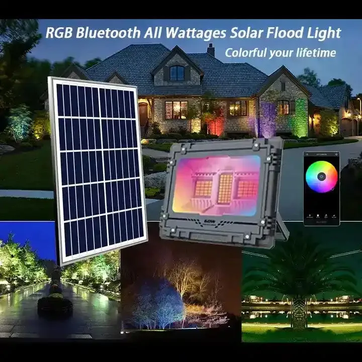 Solar Powered RGB Flood Light 60W Waterproof LED Garden Light for Wall, Patio with LED Bluetooth Music Rhythm