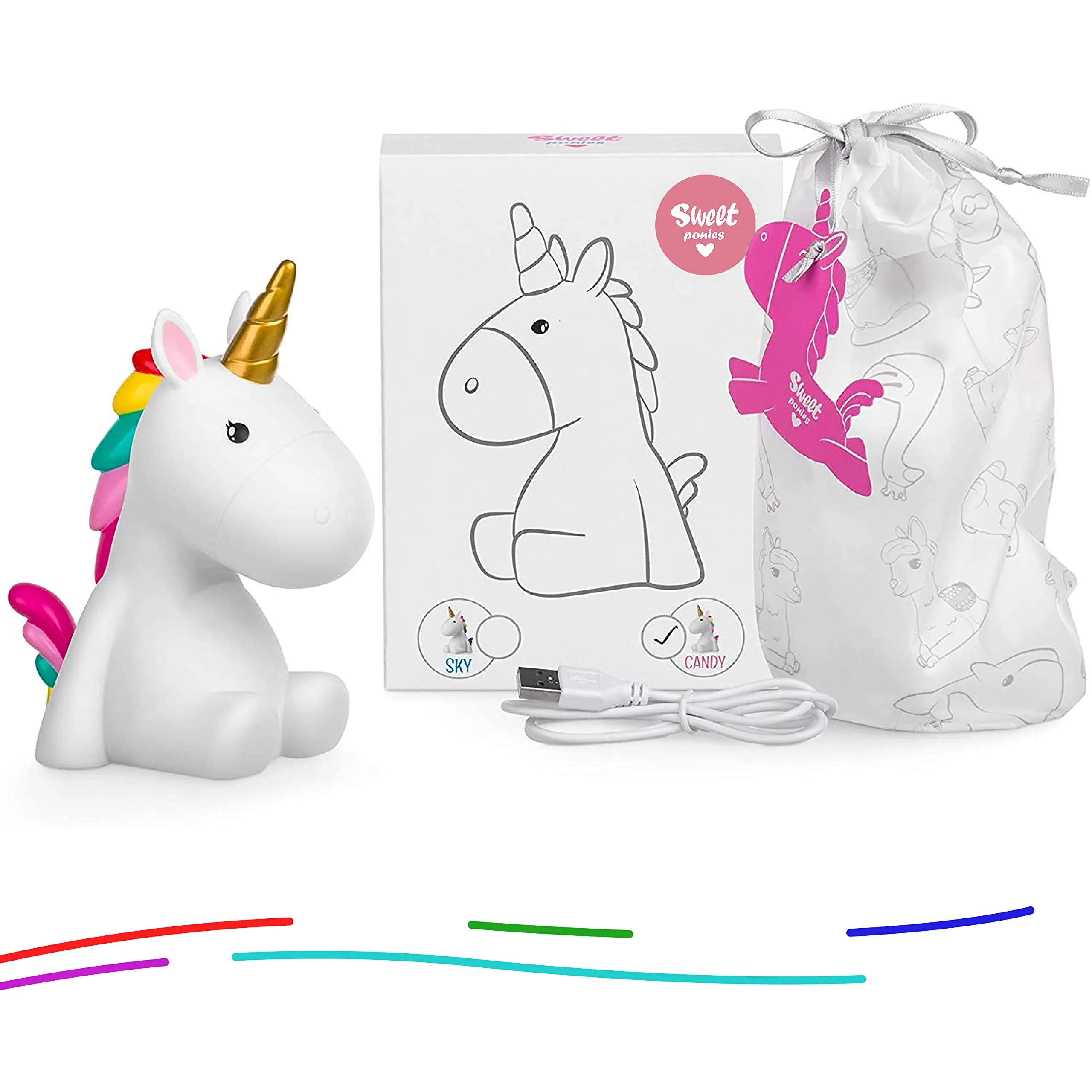 Sweet Ponies Unicorn LED Night Light - Color Changing Bedroom Lamp in Gift Package