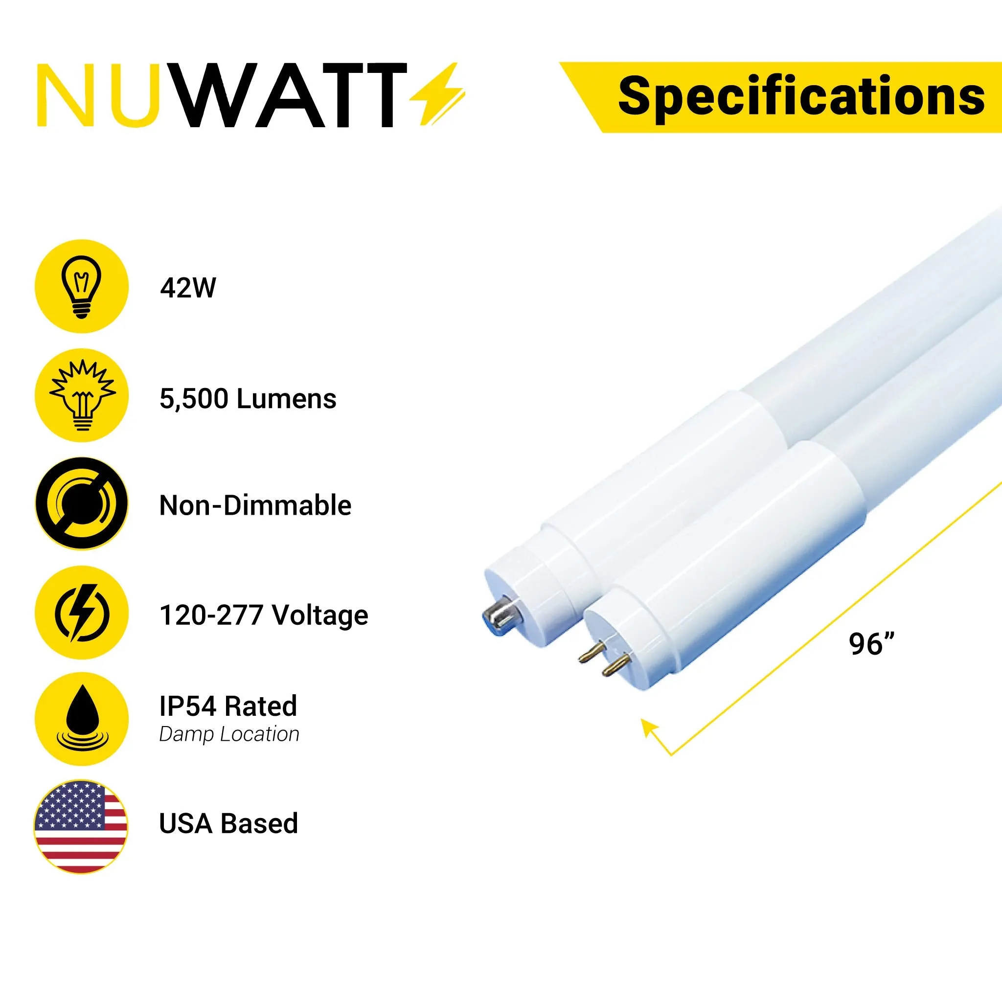 T8 LED Tube Lights 8FT - 5000K - Type A&B - Plug and Play or Ballast Bypass - 42W - 5500LM - Double Ended - 15 Pack