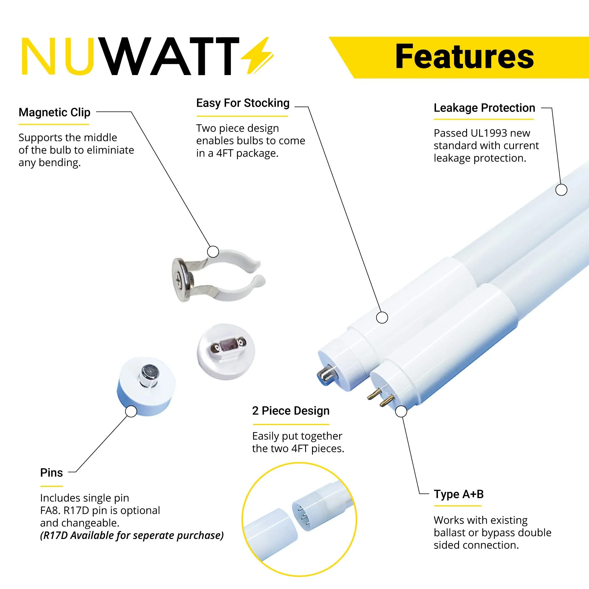 T8 LED Tube Lights 8FT - 5000K - Type A&B - Plug and Play or Ballast Bypass - 42W - 5500LM - Double Ended - 15 Pack