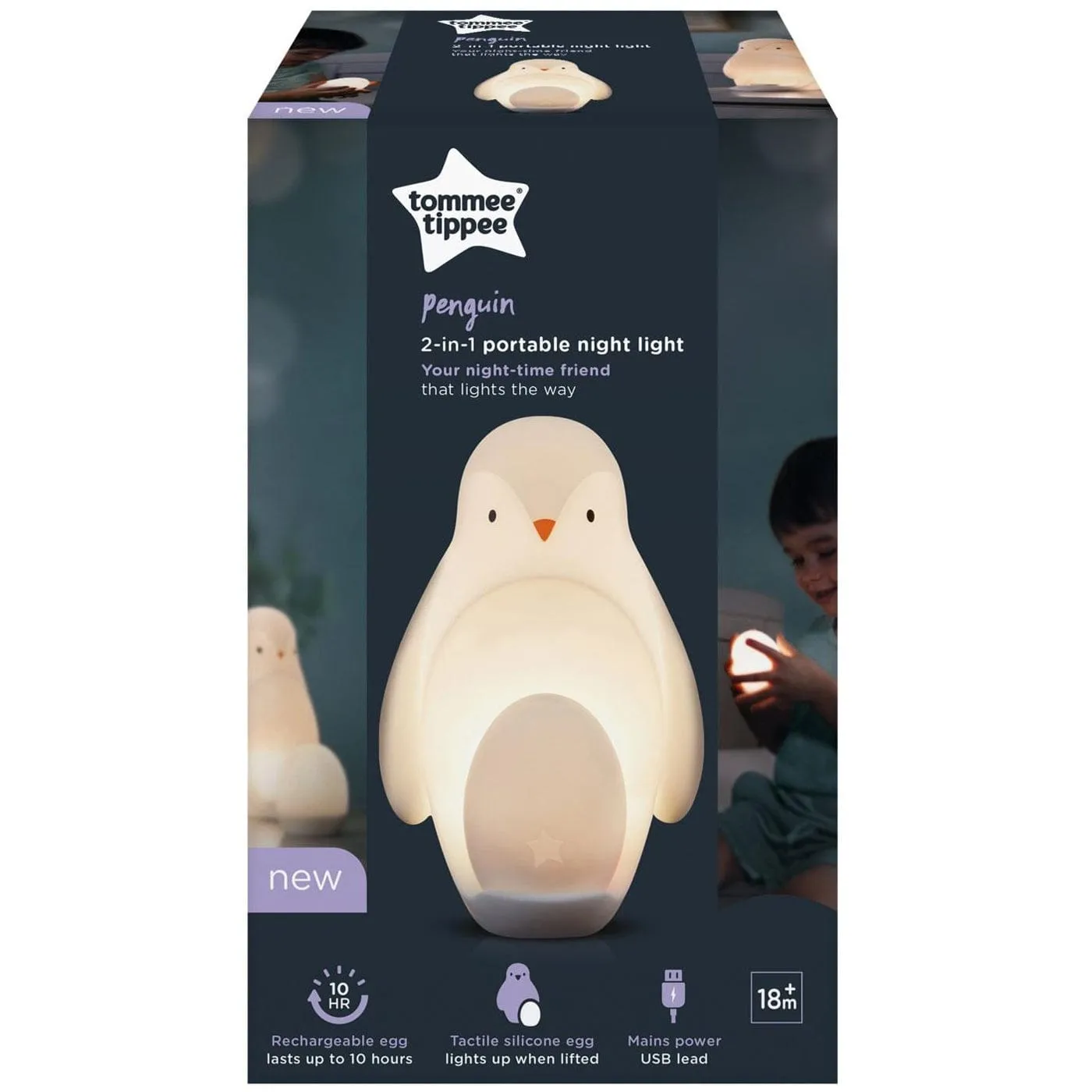 Tommee Tippee 2-in-1 Portable Penguin Night Light with UK Plug – Soothing Glow for Nursery & Travel