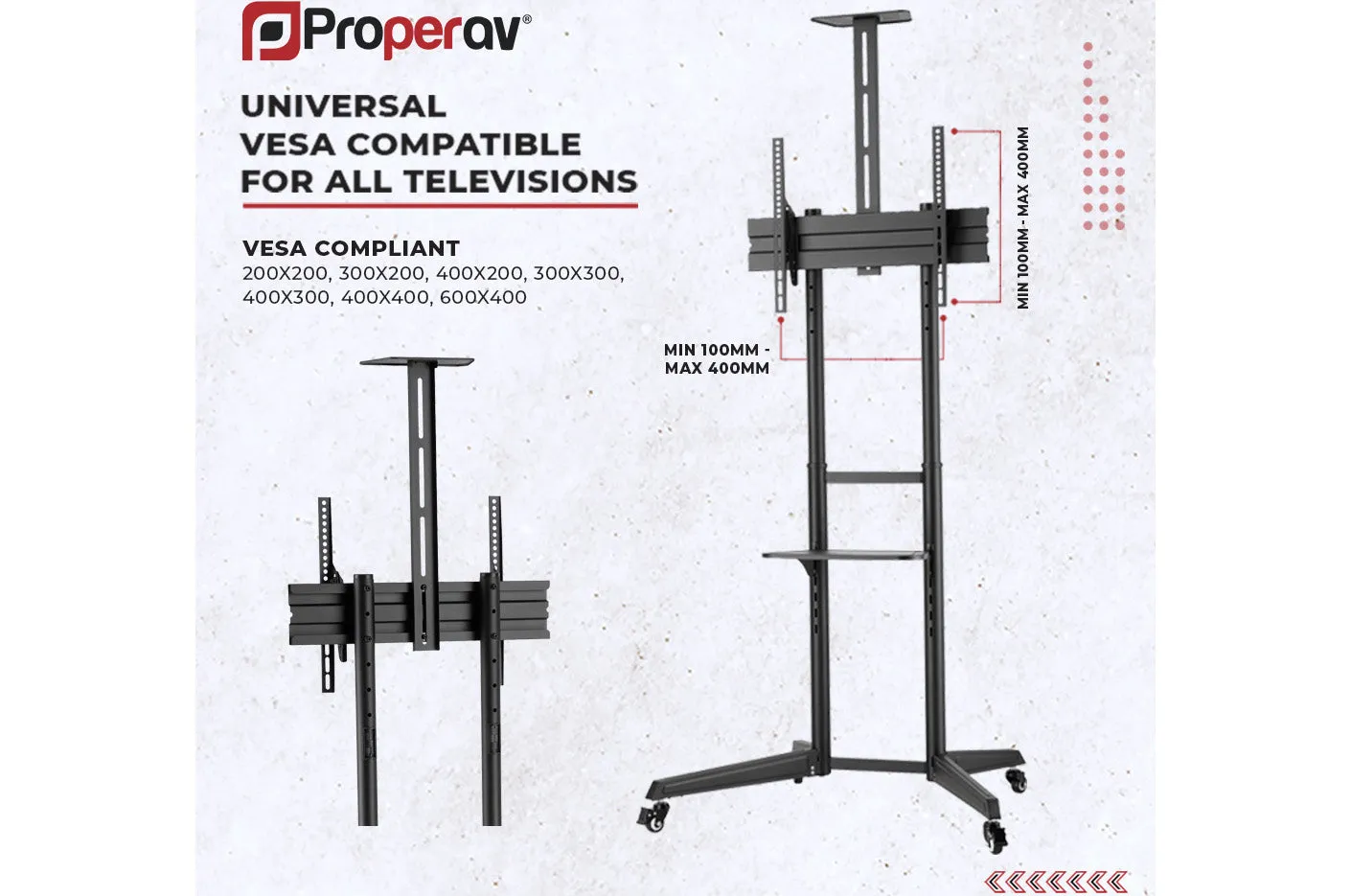 TV Trolley Stand on Wheels 37" 40" 43" 48" 49" 50" 55" 60" 63" 70" Max Load 50kg VESA Max 400-600mm