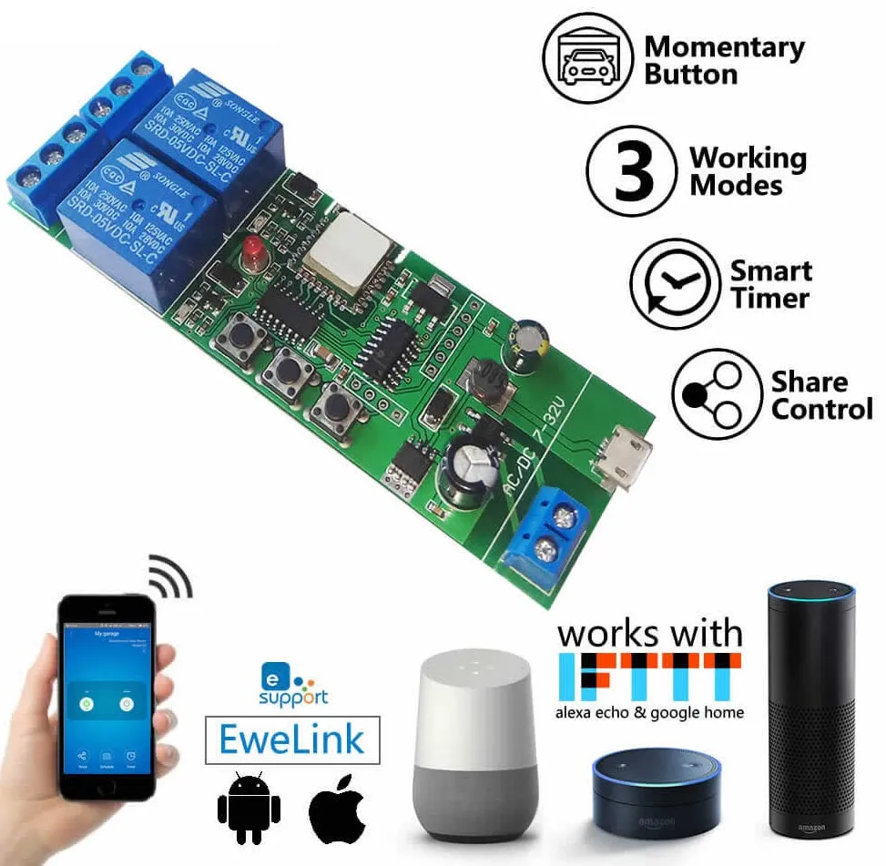 WiFi Inching Relay Momentary/Self-Locking/Interlock Switch Module (ST-DC2)